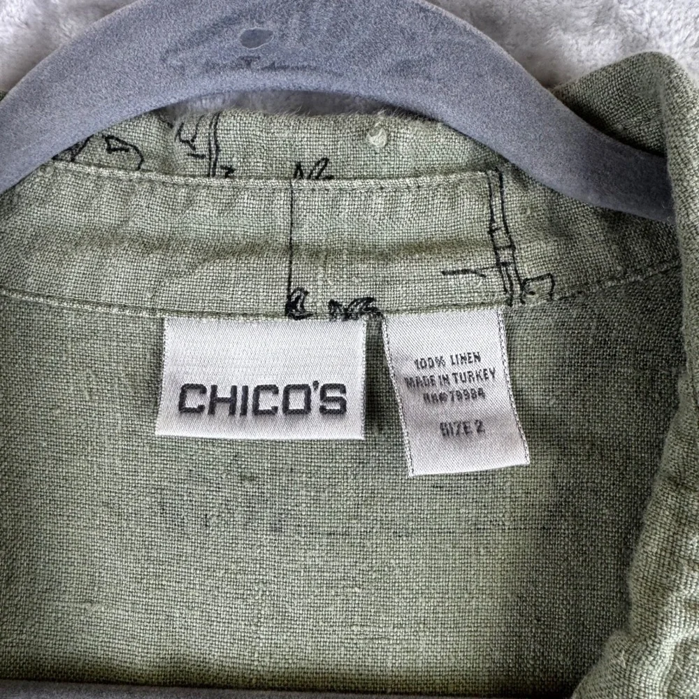Chico's Button Down Shirt Women‎ 2 Green Linen Novelty Print Tropical (1470)